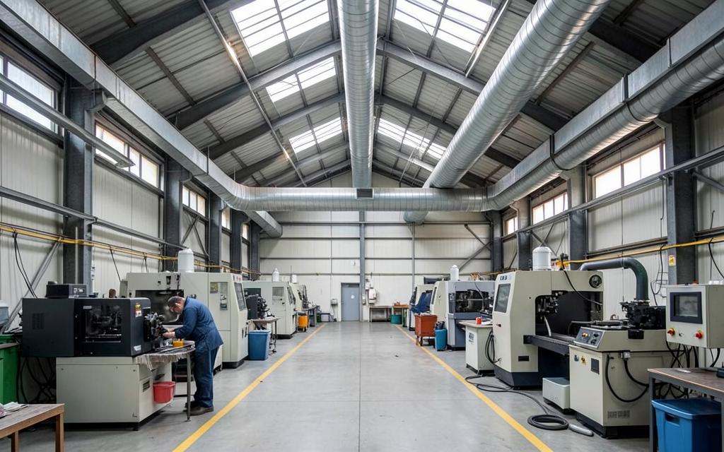 Metālapstrādes ražotnes cehs ar ventilācijas kanāliem