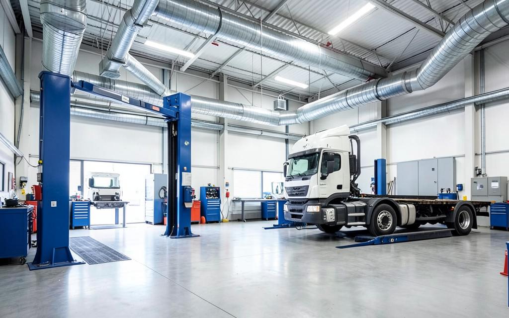Kravas auto servisa ēkas darbnīca ar ventilācijas kanāliem